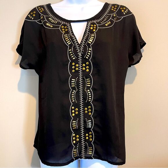 Mi Ami Black Chiffon Blouse w/ Gold Embellishments S - Picture 1 of 13